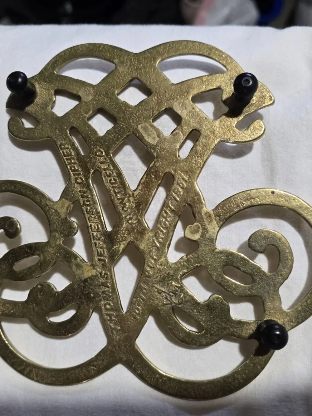 Vintage Thomas Jefferson Cipher Trivet - Solid Brass - Monticello Souvenir 1961